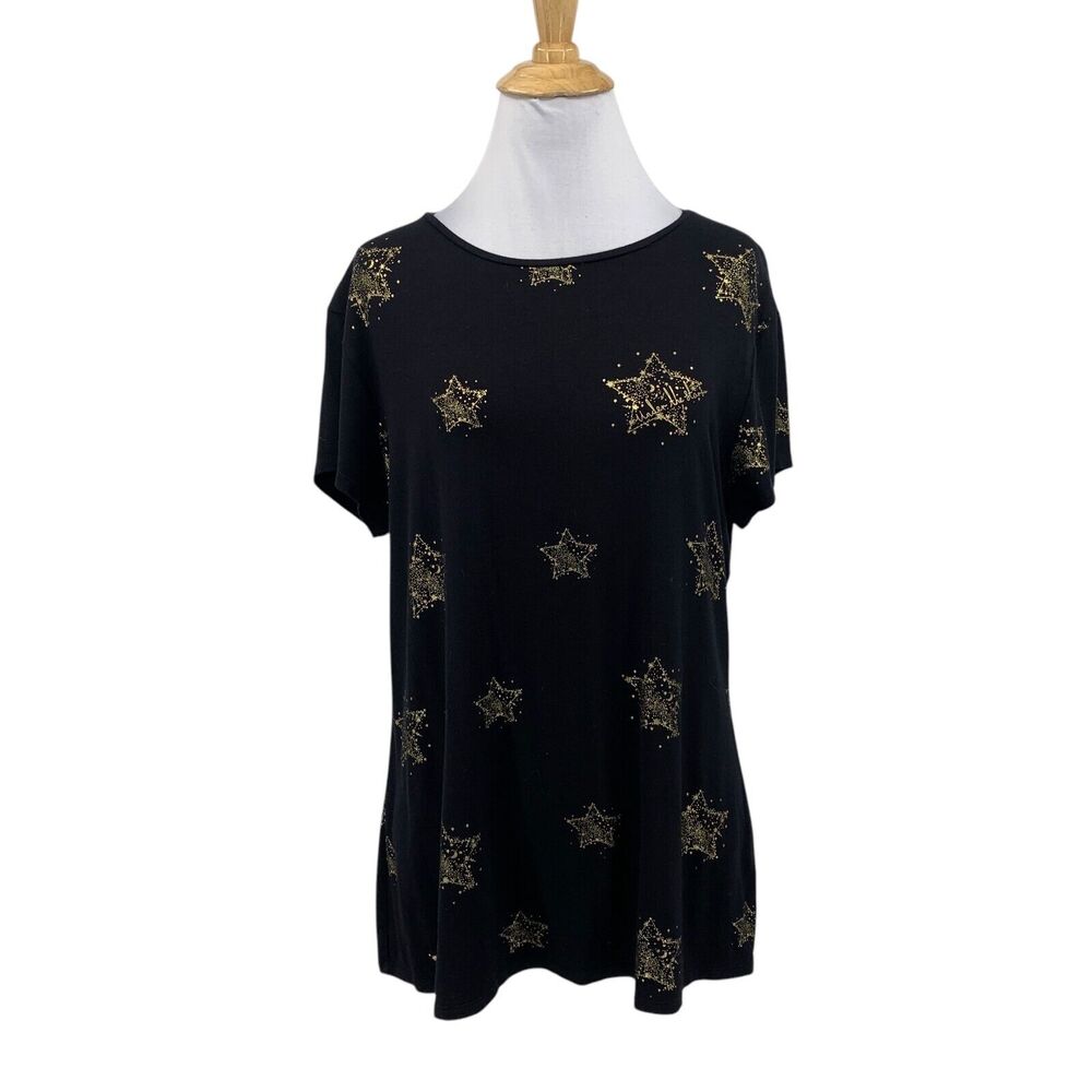 Ted Baker T Shirt Womens 5 (US 12) Black Gold Metallic Stars Fitted Short Sleeve